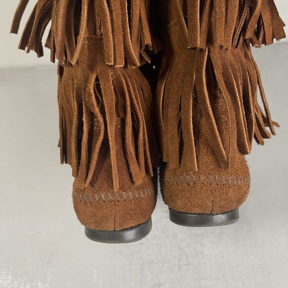 Minnetonka 3-Layer Fringe Suede Leather Moccasin Boots Size 8 Brown Boho Comfy - Picture 8 of 12